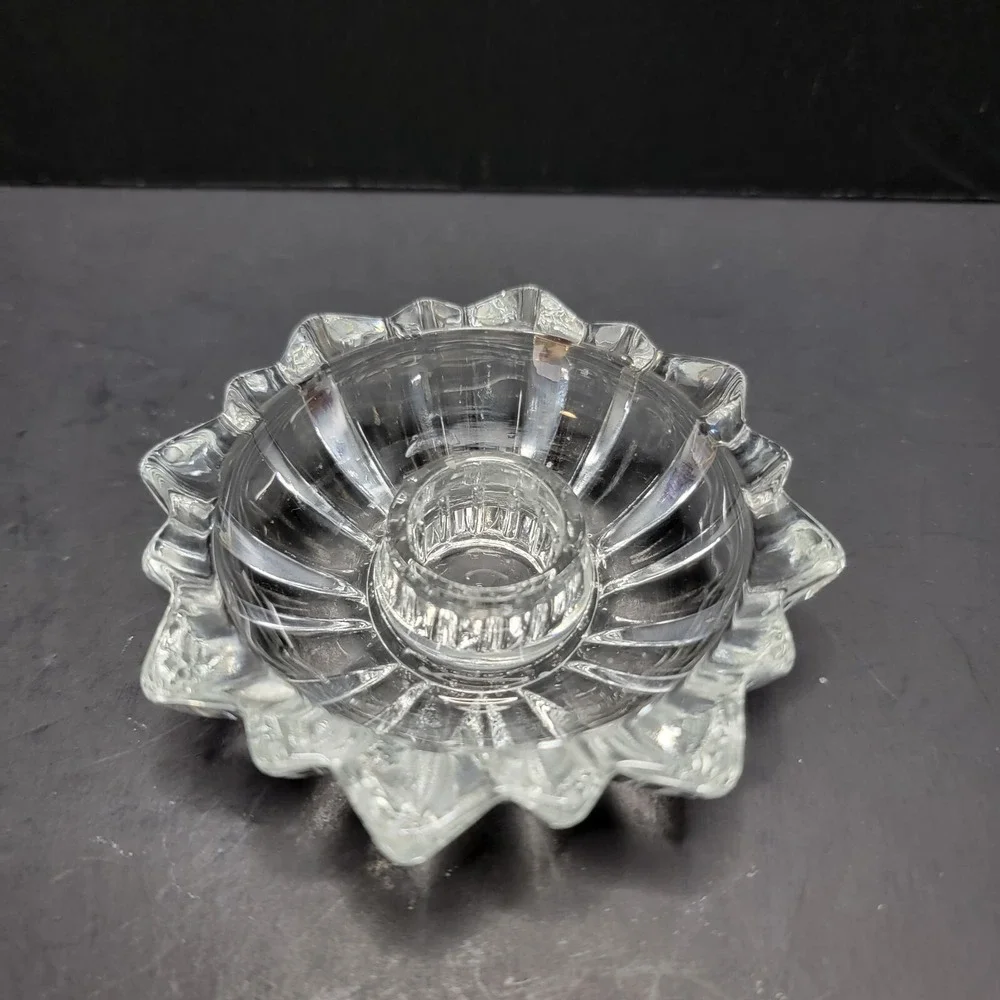 Vintage 60's Round Starburst Cut Glass Candle Stick Holder Set Of 2